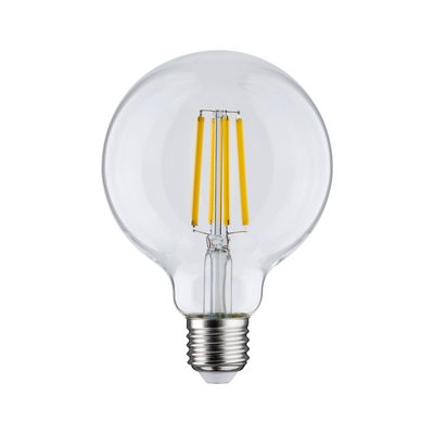 Classic LED bulb with clear glass and yellow filaments for energy-efficient lighting solutions