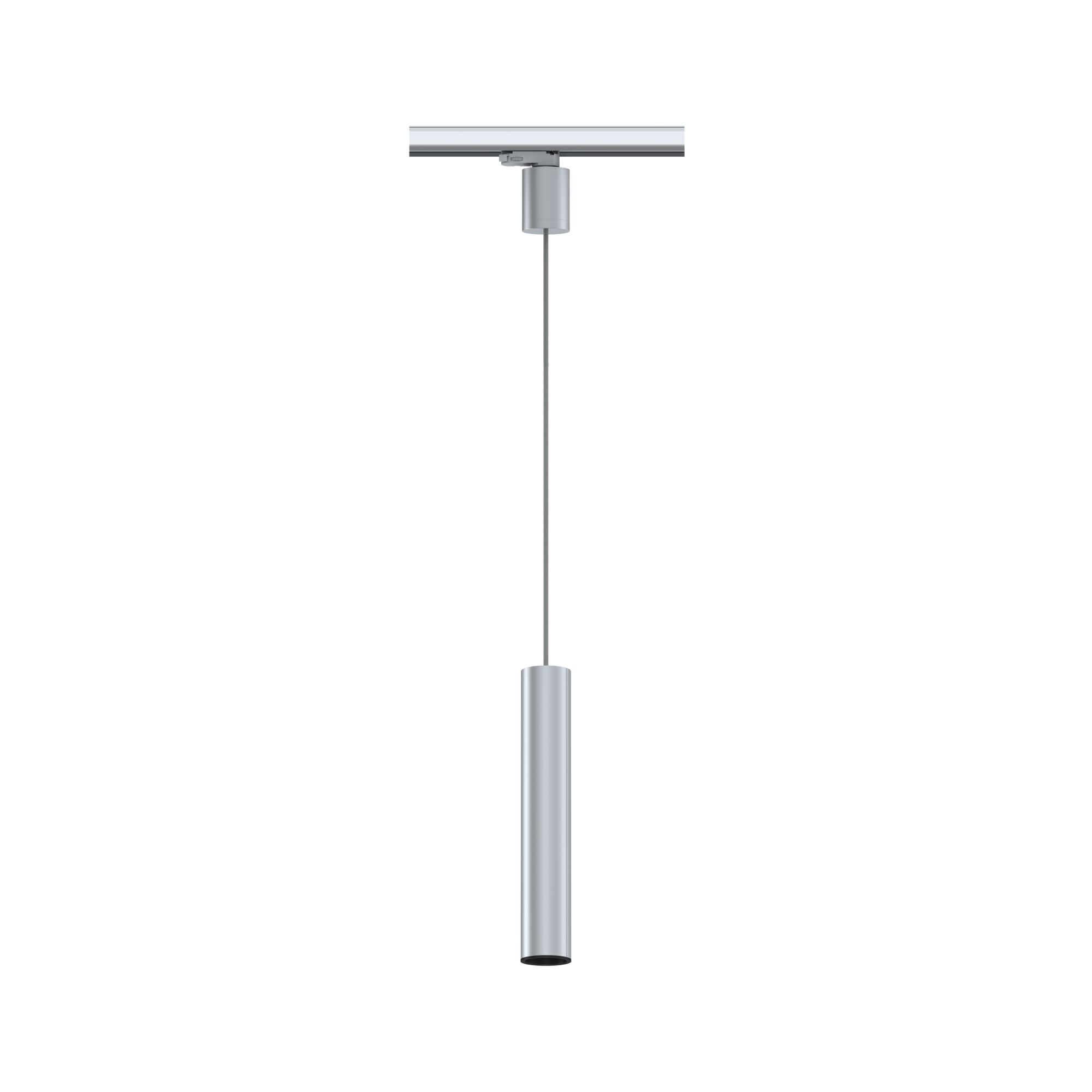 Moderne zilverkleurige aluminium hanglamp met cilindrisch ontwerp voor railsystemen.