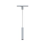 Moderne zilverkleurige aluminium hanglamp met cilindrisch ontwerp voor railsystemen.