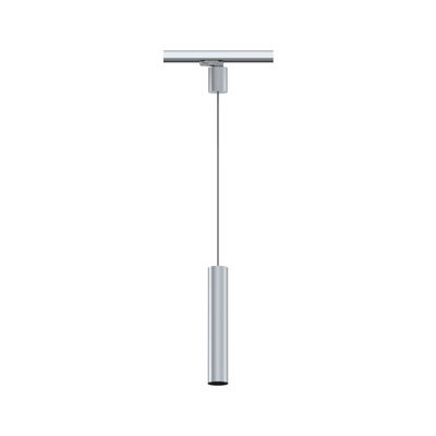 Moderner silberner Aluminium-Pendelleuchte mit zylindrischem Design für Schienensysteme.