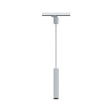 Moderne zilverkleurige aluminium hanglamp met cilindrisch ontwerp voor railsystemen.