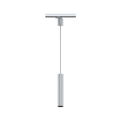 Moderne zilverkleurige aluminium hanglamp met cilindrisch ontwerp voor railsystemen.