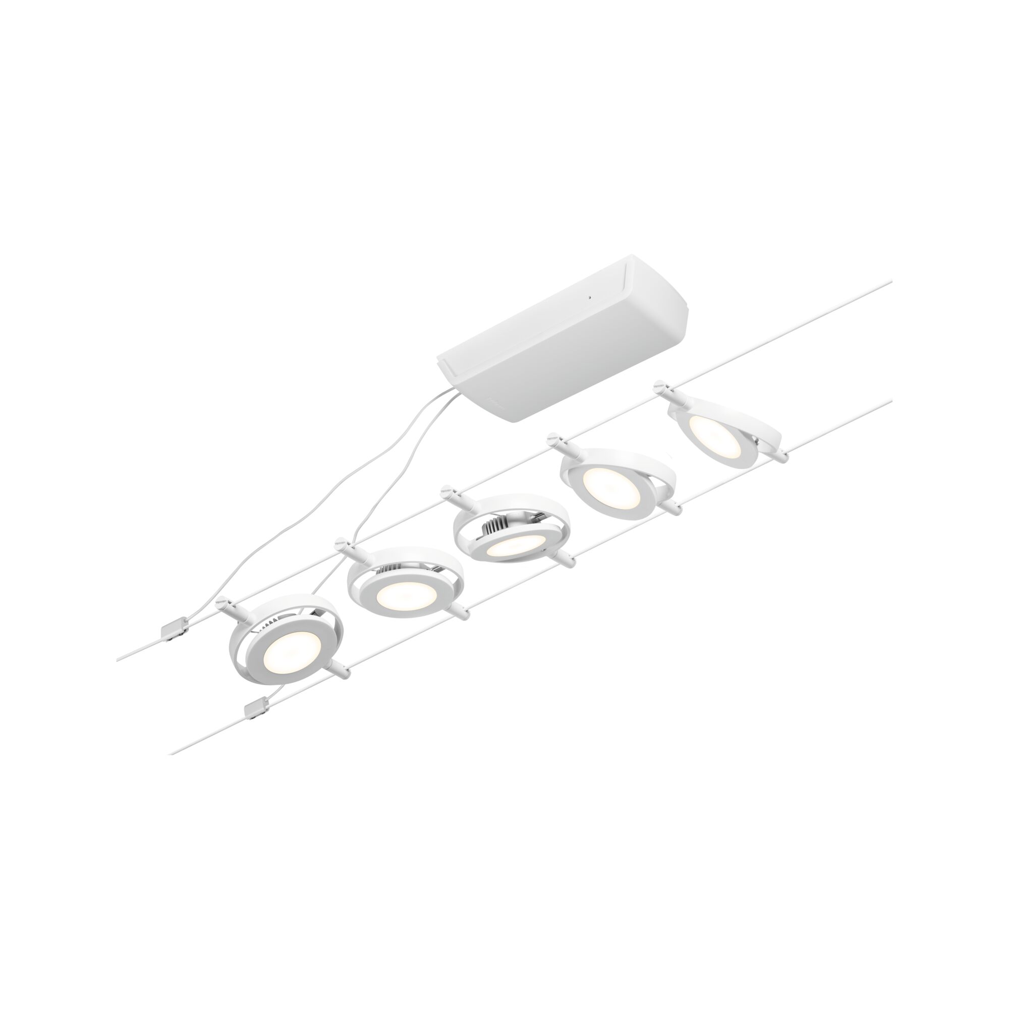 Modern white LED cable system with five round spotlights and control unit for flexible room lighting