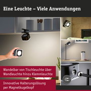 Schwarze LED-Lampe mit magnetischem Kugelkopf vielseitig als Tisch-, Wand- und Klemmleuchte nutzbar