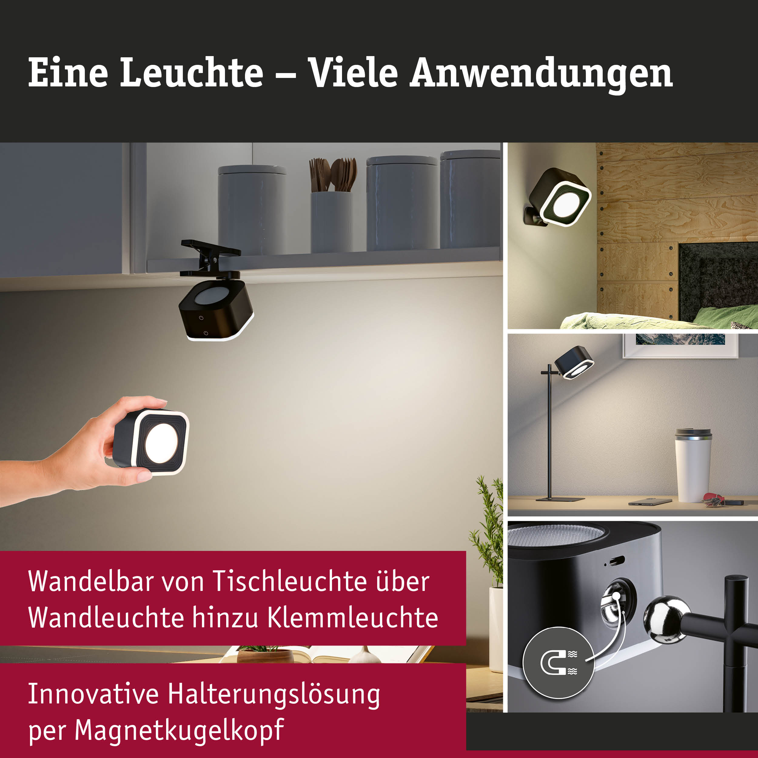 Schwarze LED-Lampe mit magnetischem Kugelkopf vielseitig als Tisch-, Wand- und Klemmleuchte nutzbar