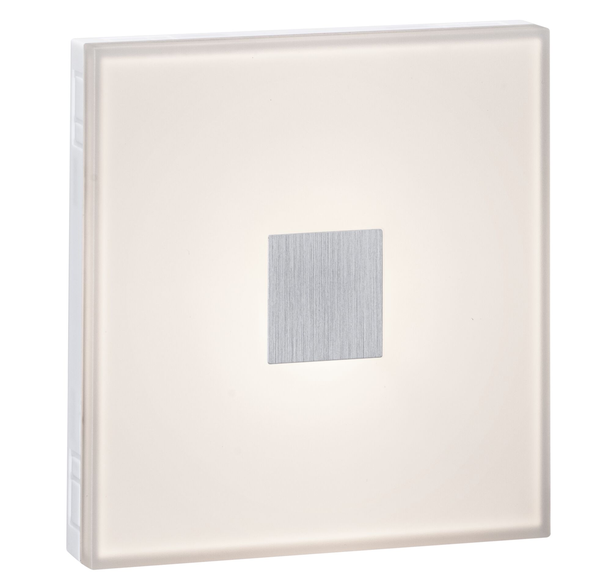 Square wall light in white plastic with brushed aluminum center for modern lighting solutions