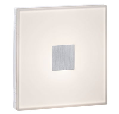 Square wall light in white plastic with brushed aluminum center for modern lighting solutions