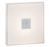 Square wall light in white plastic with brushed aluminum center for modern lighting solutions