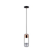 Modern pendant light in copper and glass with black metal frame for stylish indoor lighting