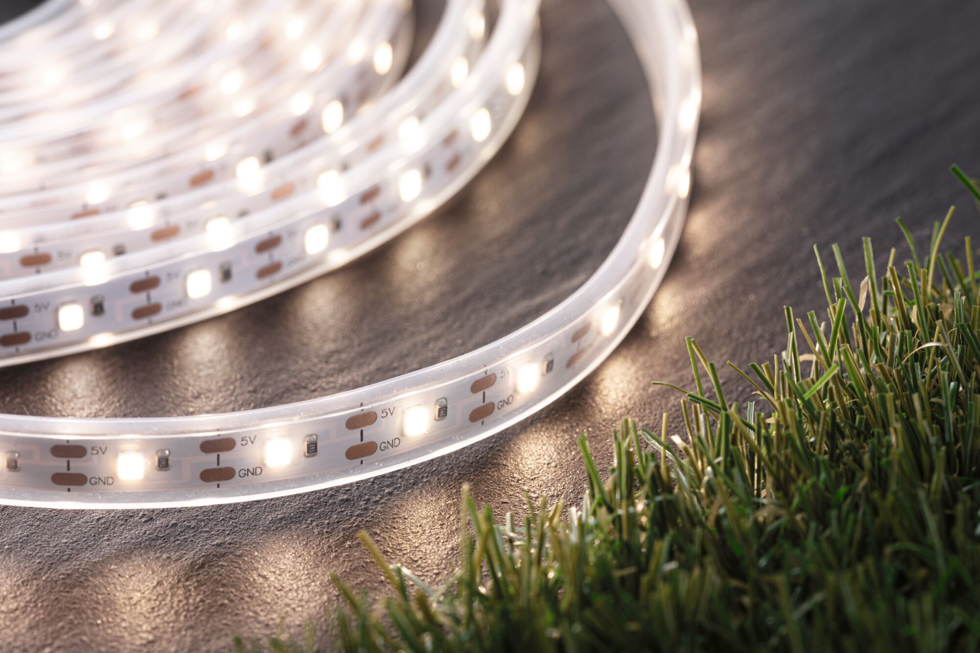 White LED strip light with transparent casing on dark surface next to green grass, decorative lighting.
