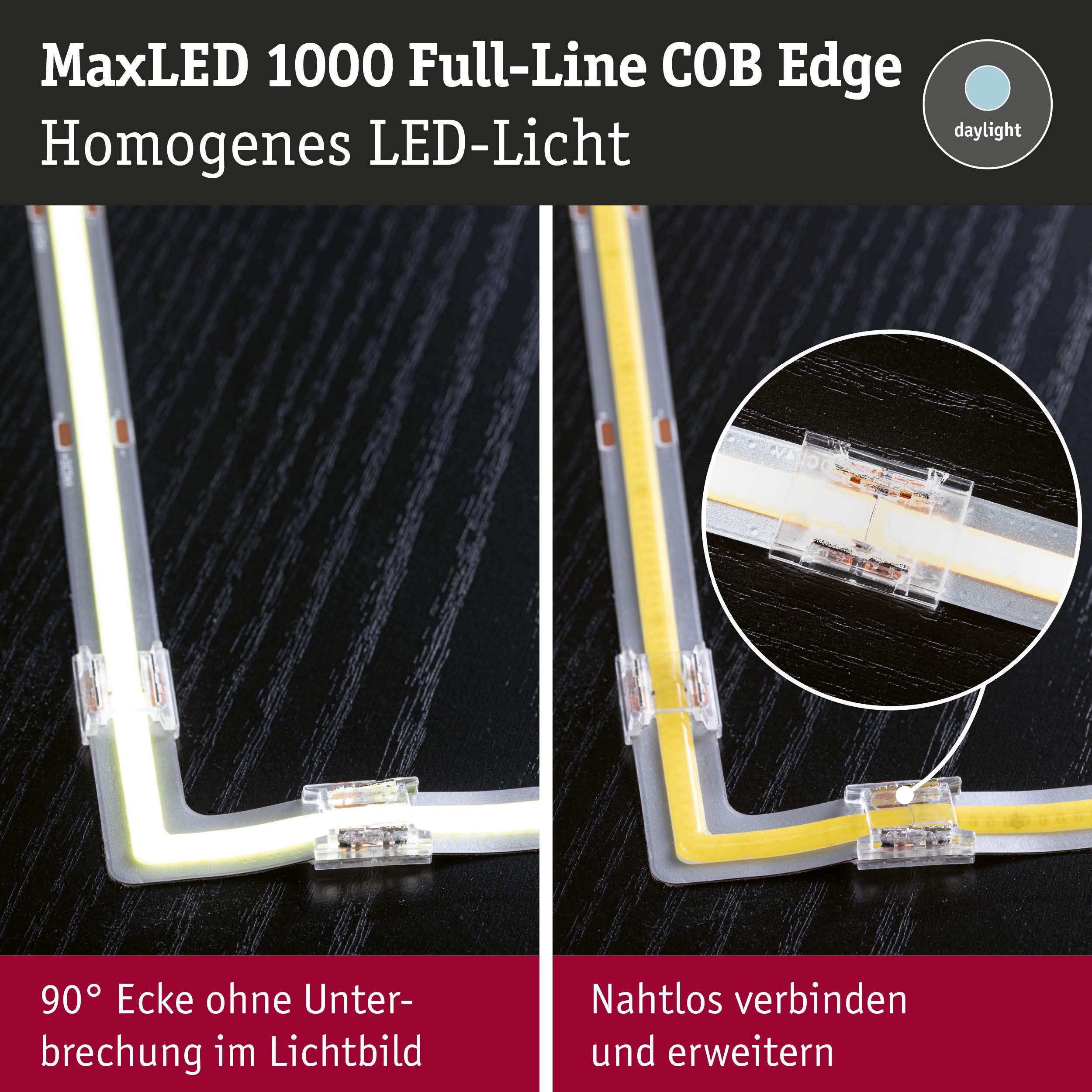 MaxLED 1000 Full-Line COB Edge LED-Streifen mit nahtloser 90° Ecke für homogenes Tageslicht.