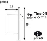 Technische Zeichnung eines weißen LED-Einbaustrahler mit Sensor, 78 mm Höhe, 35 mm Tiefe, 60 mm Durchmesser.
