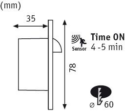 Technische tekening van witte LED-inbouwspot met sensor, 78 mm hoog, 35 mm diep, 60 mm diameter.