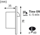 Teknisk tegning af hvid LED-indbygningsspot med sensor, 78 mm høj, 35 mm dyb, 60 mm diameter.