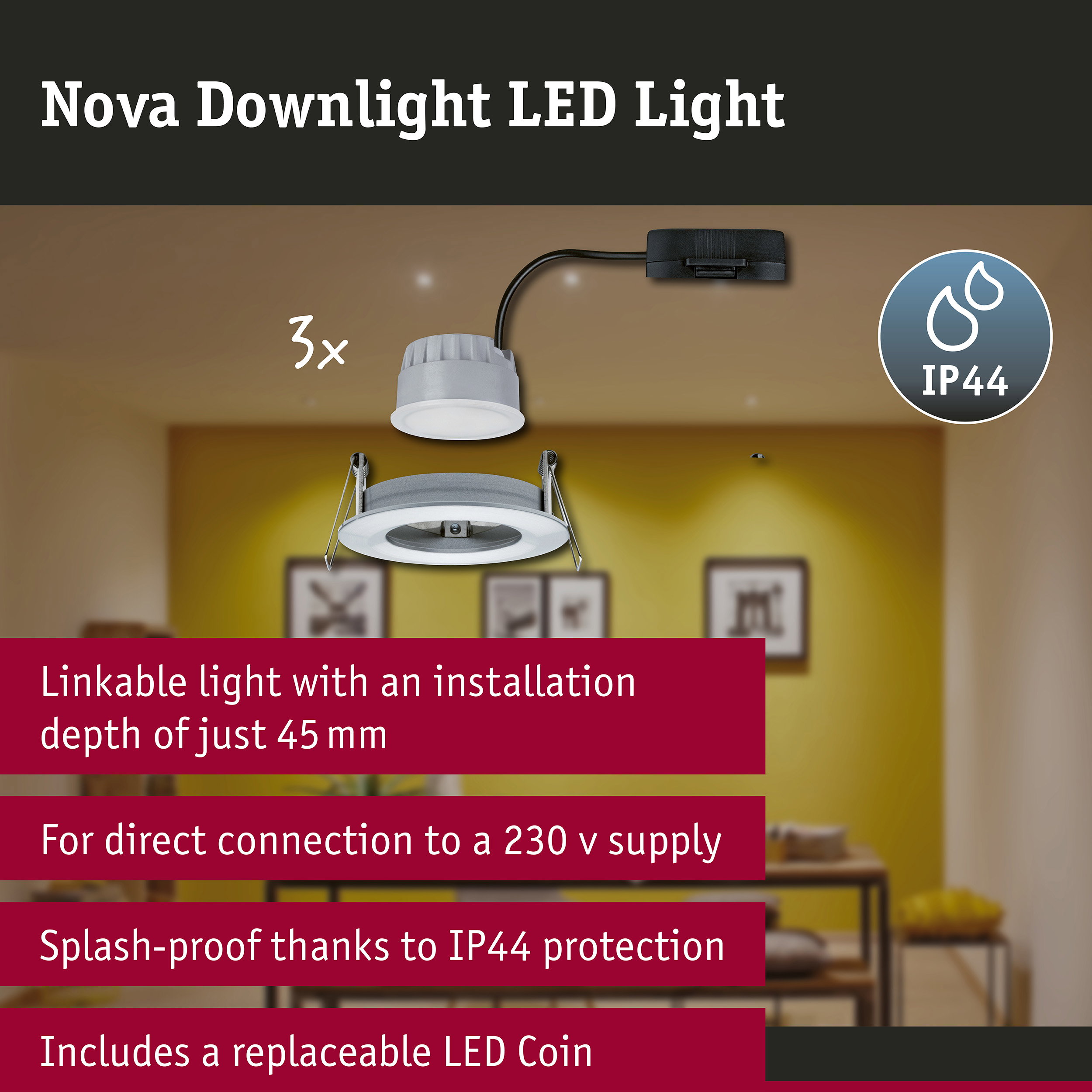 LED Downlight 3-Step-Dim Nova Coin Basic Set Rigid IP44 round 78mm Coin 3x6W 3x470lm 230V dimmable 2700K Turned aluminium