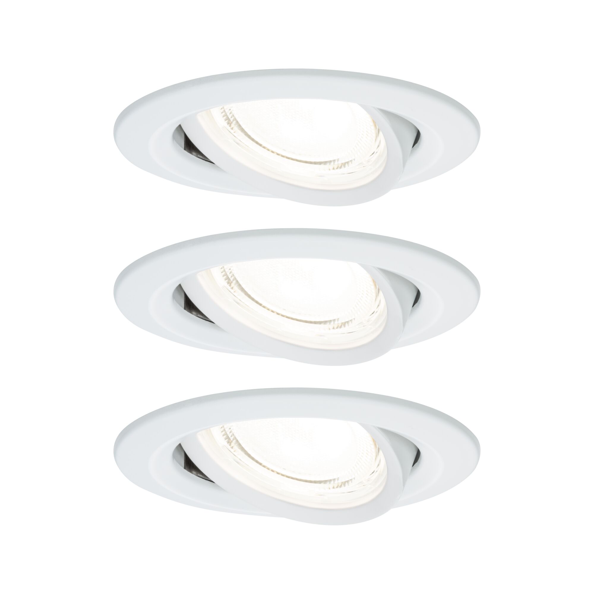 Three white plastic recessed spotlights with adjustable heads for flexible LED lighting solutions