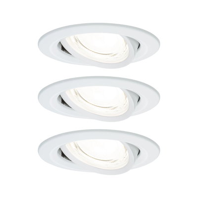Three white plastic recessed spotlights with adjustable heads for flexible LED lighting solutions