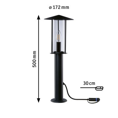 Black outdoor metal lamp with clear glass and E27 socket, 50 cm height, 17.2 cm diameter