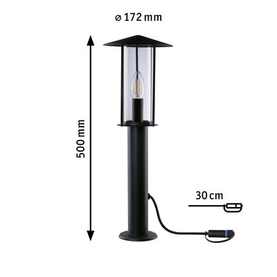 Schwarze Außenleuchte aus Metall mit klarem Glas und E27 Fassung, 50 cm hoch, 17,2 cm Durchmesser