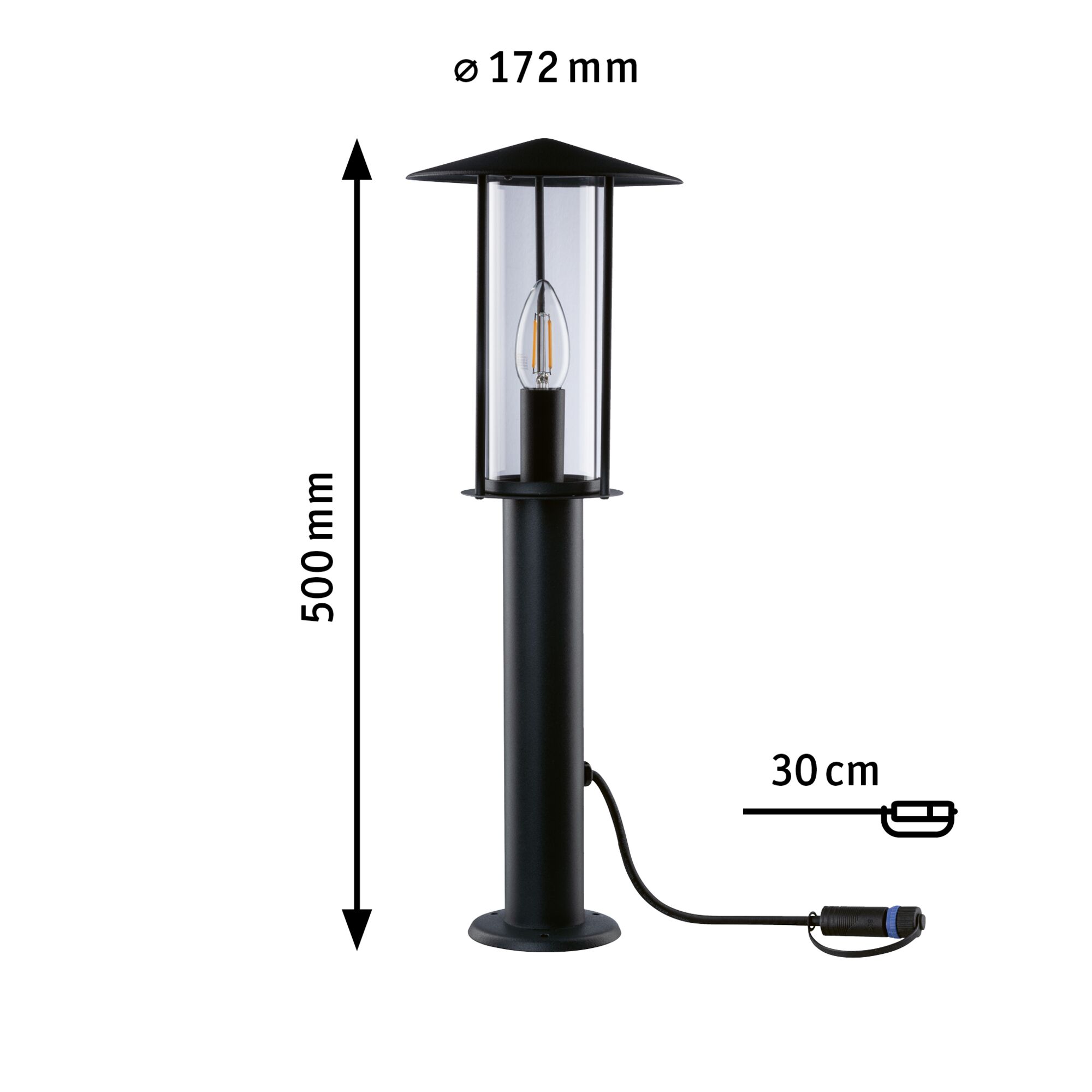 Sort udendørslampe i metal med klart glas og E27 fatning, 50 cm høj, 17,2 cm i diameter