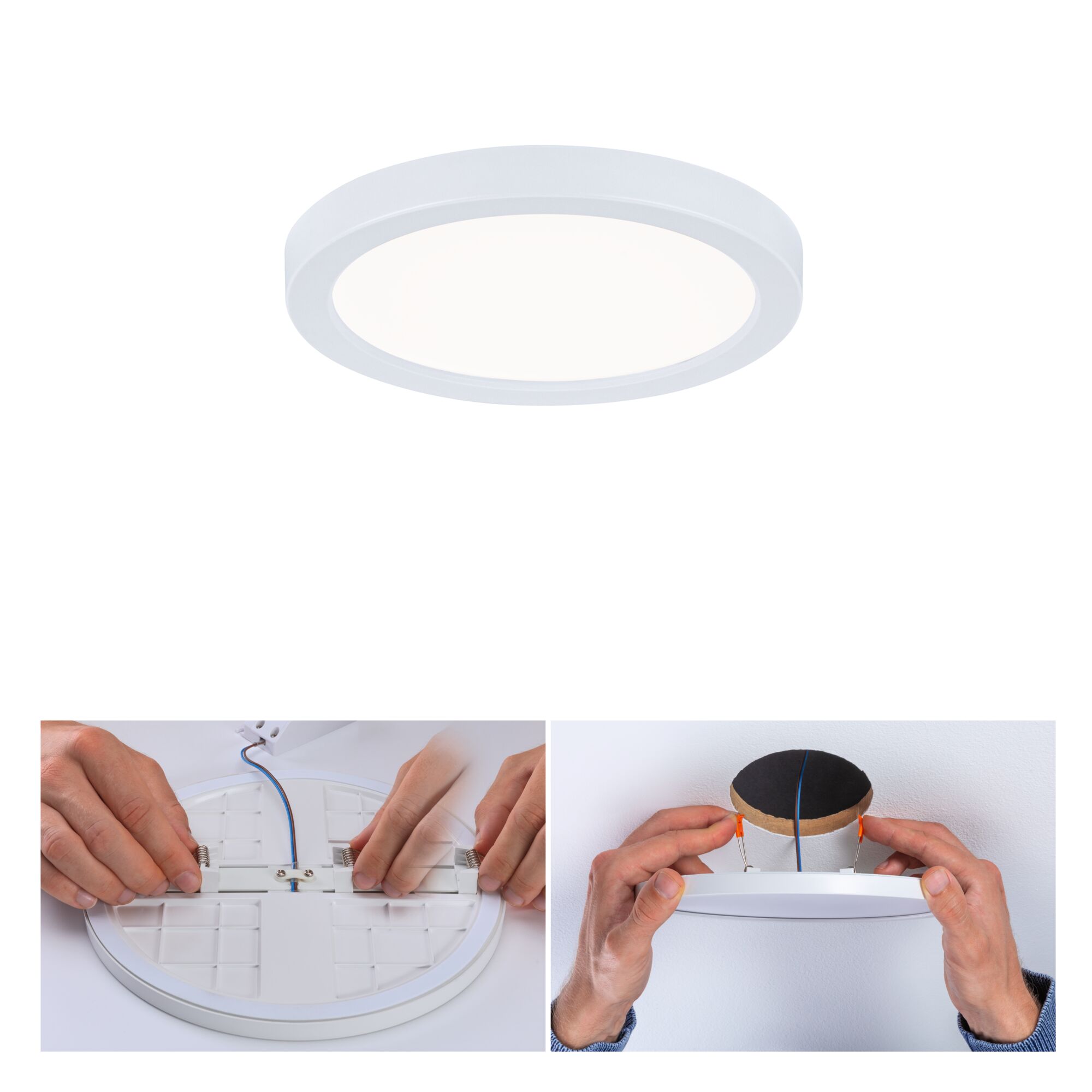 Round white LED ceiling light made of plastic with mounting clips and cable connection for indoor use