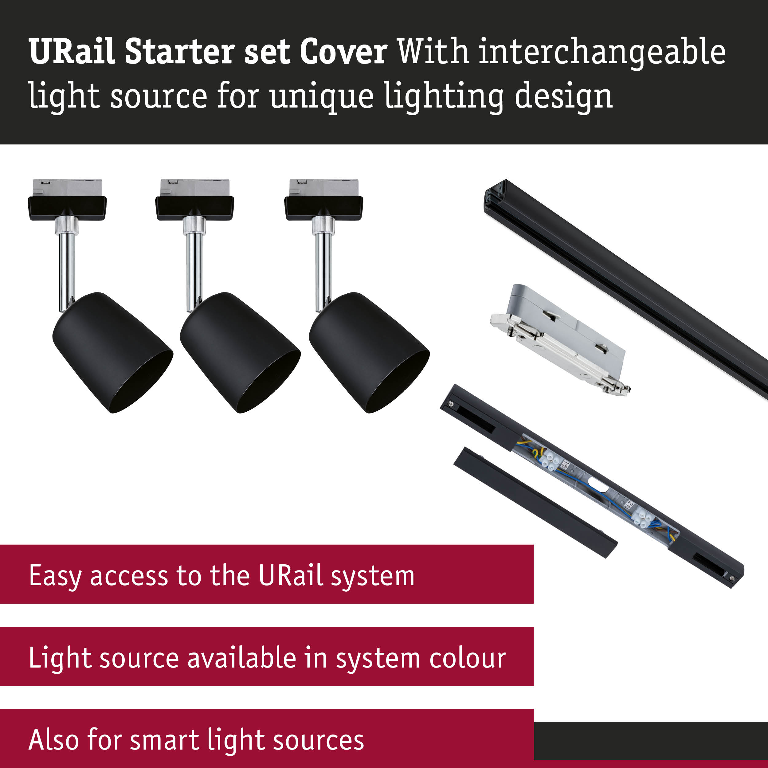 URail Starter set with black metal spotlights and rail profile for flexible lighting design