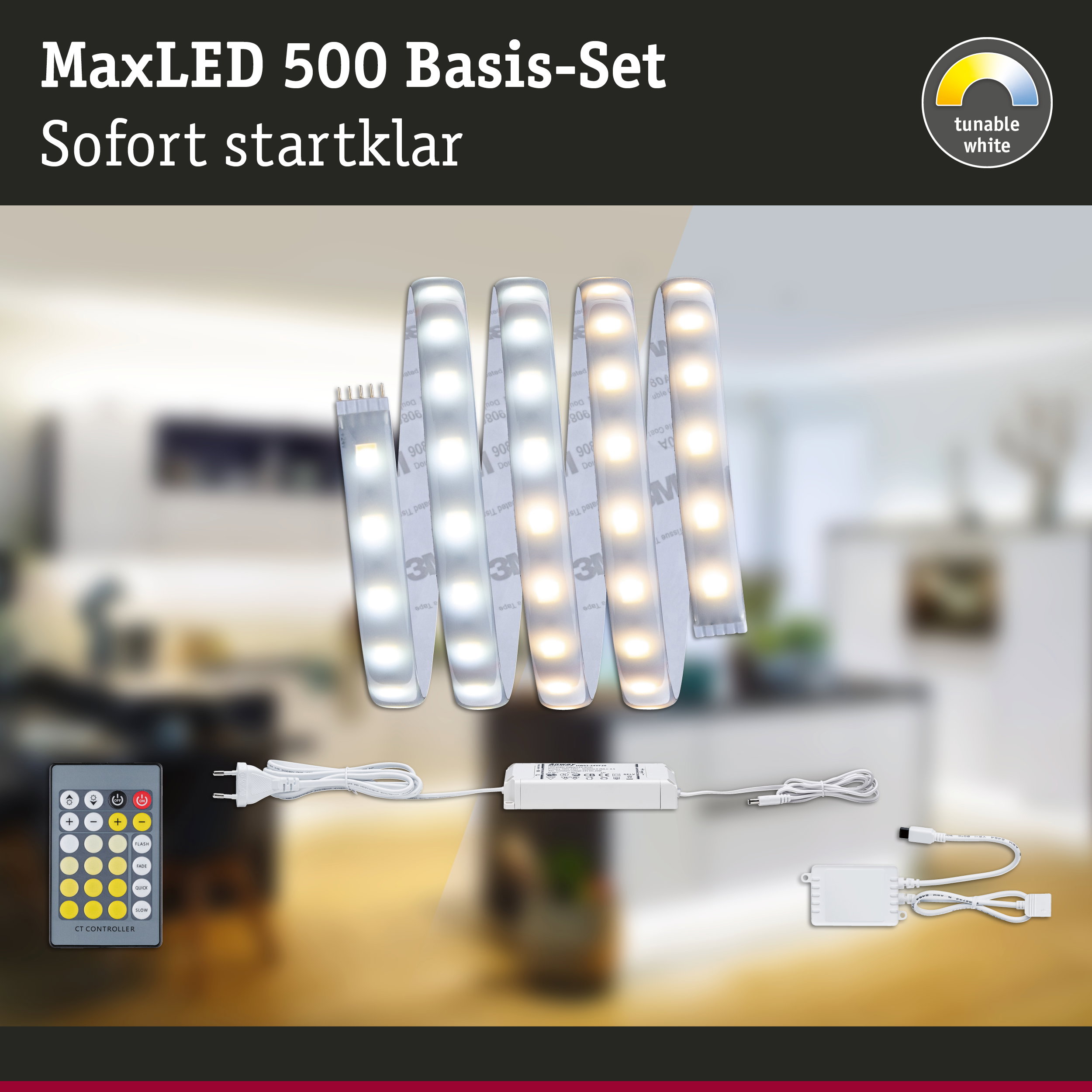 MaxLED 500 LED-Basis-Set mit dimmbaren weißen Lichtstreifen und Fernbedienung für Wohnraumbeleuchtung