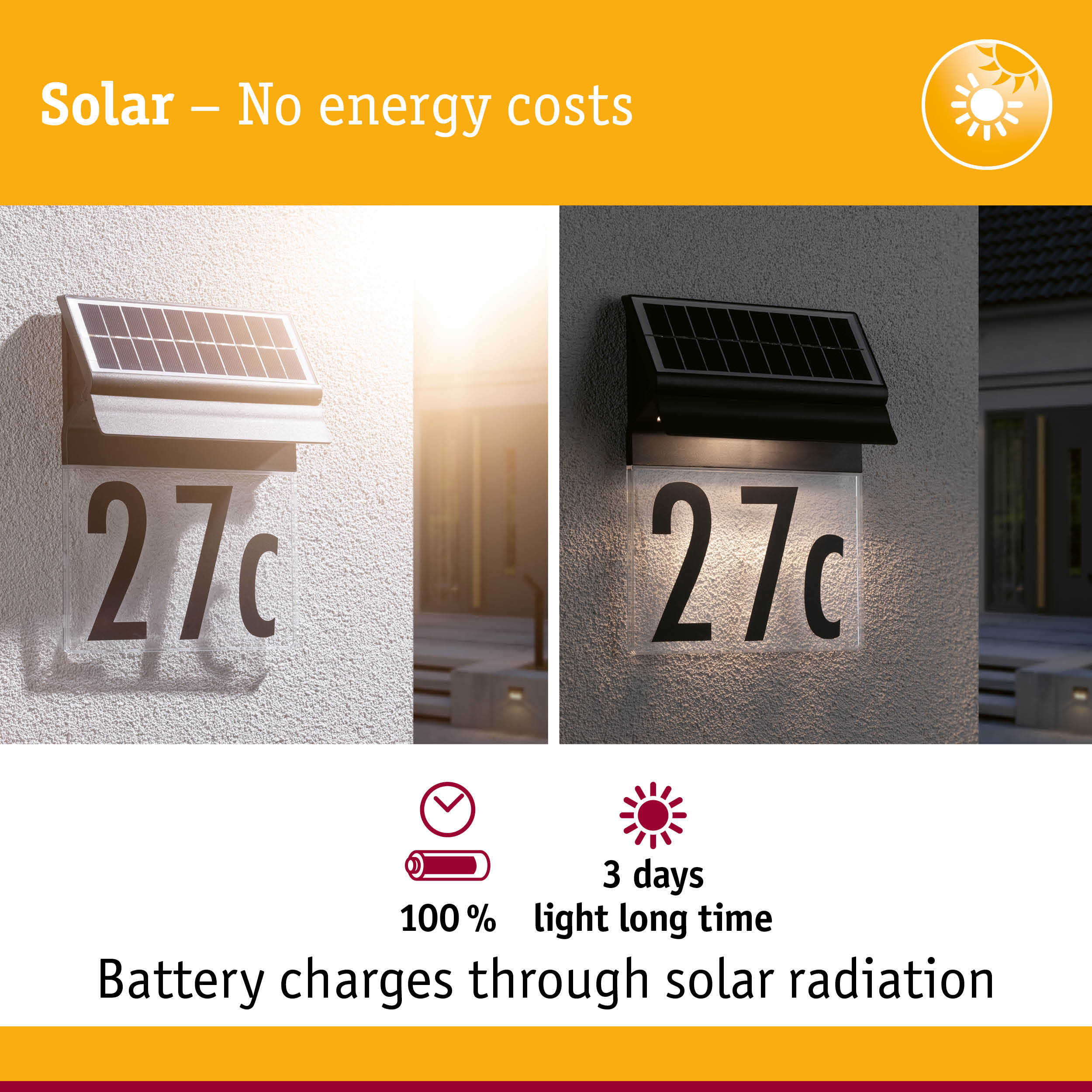 Solar-powered house number light with black casing and LED illumination for energy-saving outdoor lighting