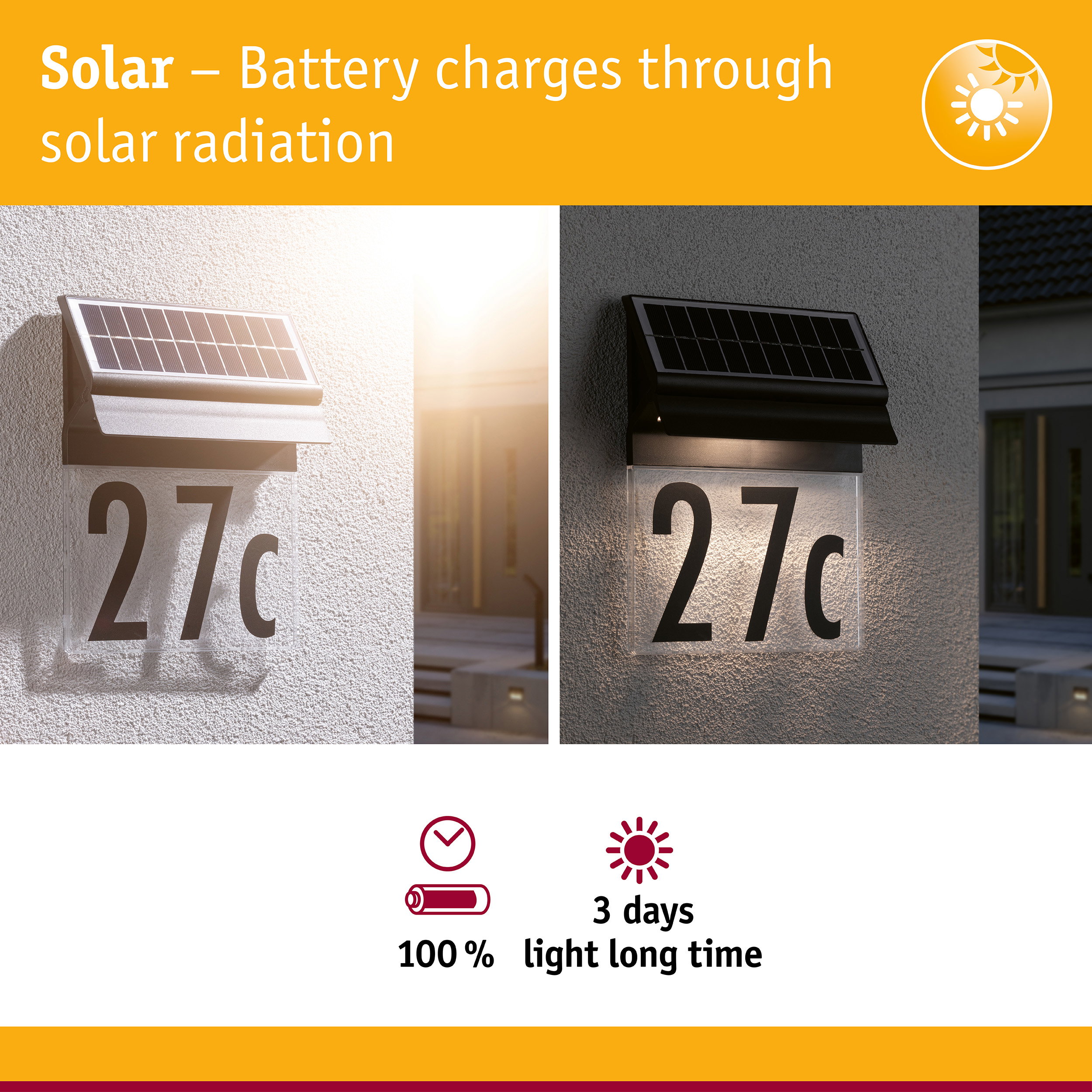 Solar-powered house number light with black casing and LED illumination for energy-saving outdoor lighting