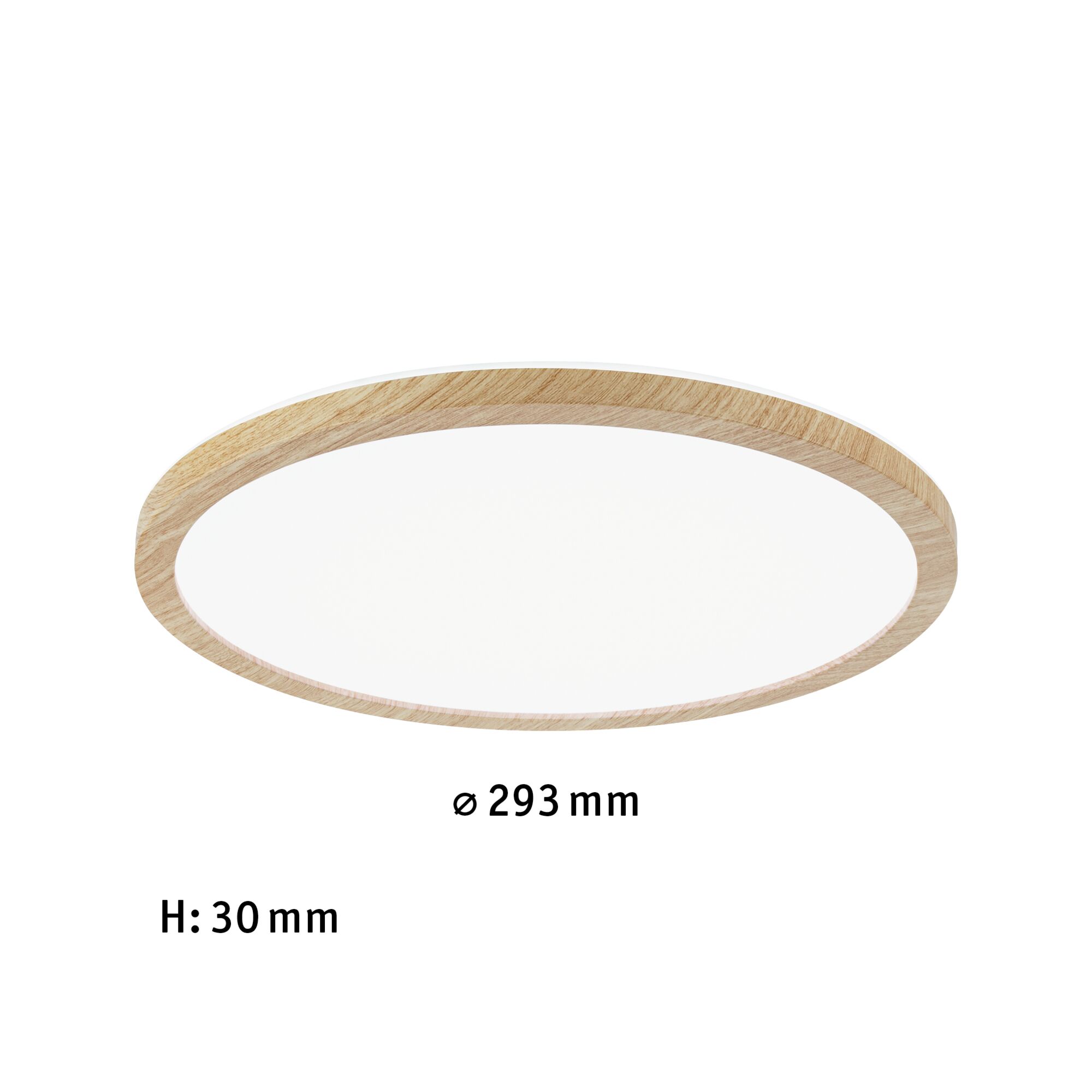 Round LED ceiling light with natural wood frame, 293 mm diameter, 30 mm height, modern lighting fixture