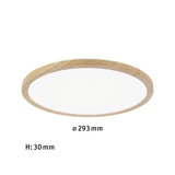 Round LED ceiling light with natural wood frame, 293 mm diameter, 30 mm height, modern lighting fixture