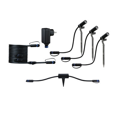 Zwarte LED-tuinschijnwerper set met grondpennen en kabels voor buitenverlichting en tuinverlichting