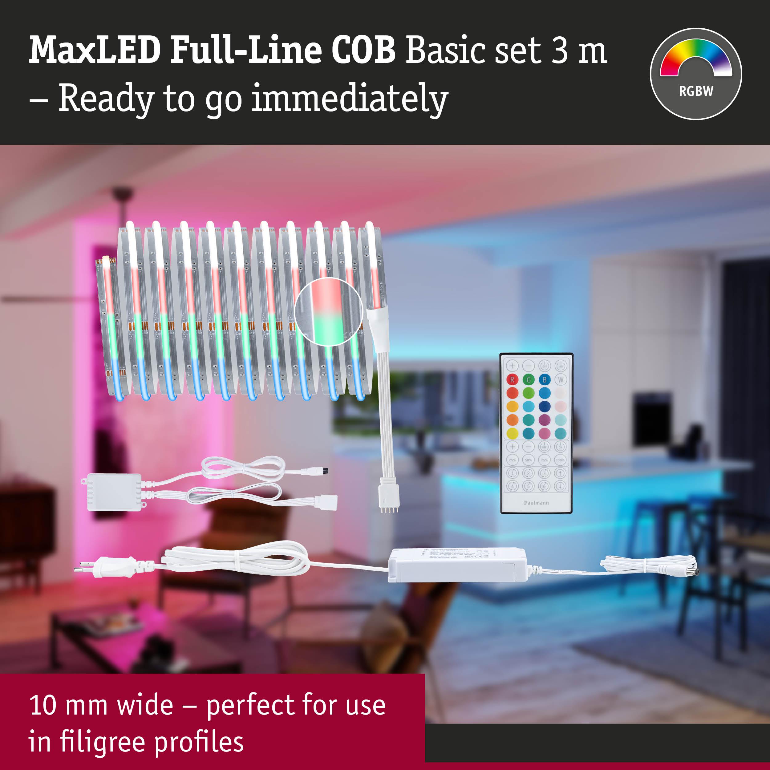 MaxLED Full-Line COB 3 m LED strip with remote, RGBW colors, 10 mm wide for delicate profile lighting