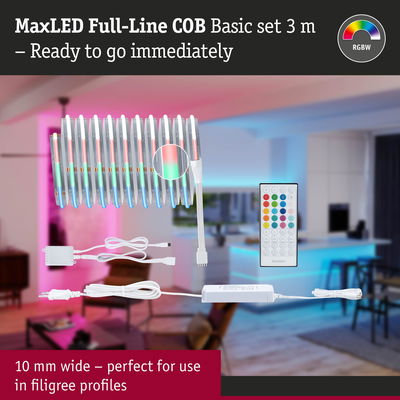 MaxLED Full-Line COB 3 m LED strip with remote, RGBW colors, 10 mm wide for delicate profile lighting