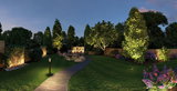 Garden path lit by LED outdoor lights and illuminated trees for atmospheric garden design.