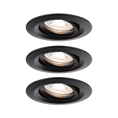 Three black metal recessed spotlights with warm white light for modern indoor lighting