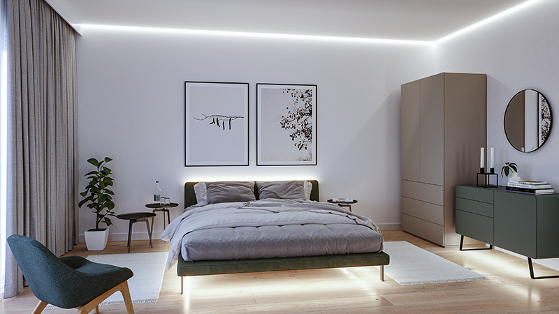 Modernes Schlafzimmer mit LED-Decken- und Bettbeleuchtung, grauem Bett und grünem Sideboard aus Holz.