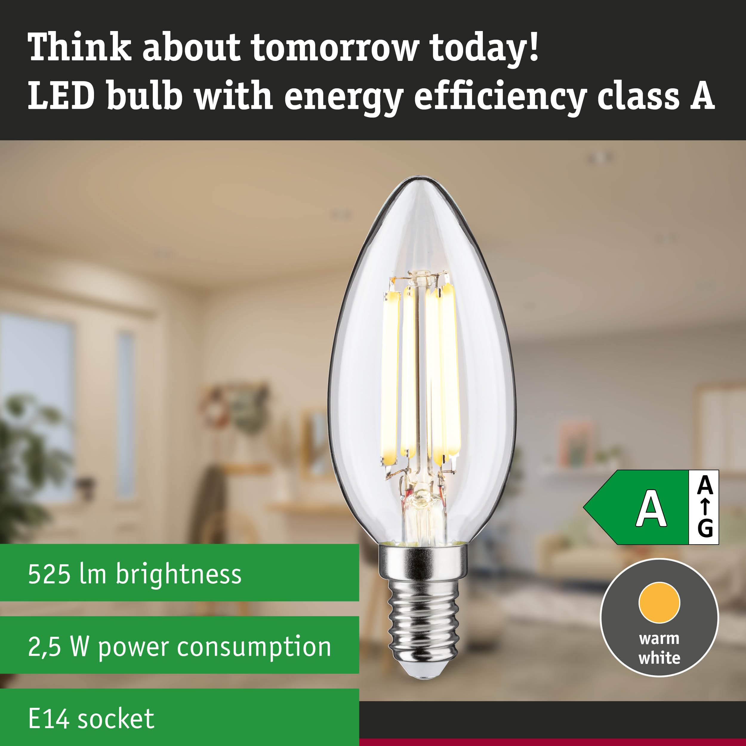 Candle-shaped LED lamp with warm white light and ultra-efficient energy for sustainable lighting
