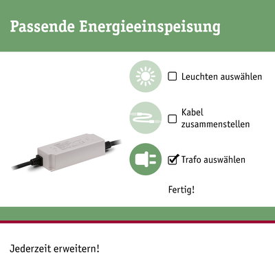 Weißer Transformator mit Kabel für passende Energieeinspeisung bei LED-Beleuchtungssystemen
