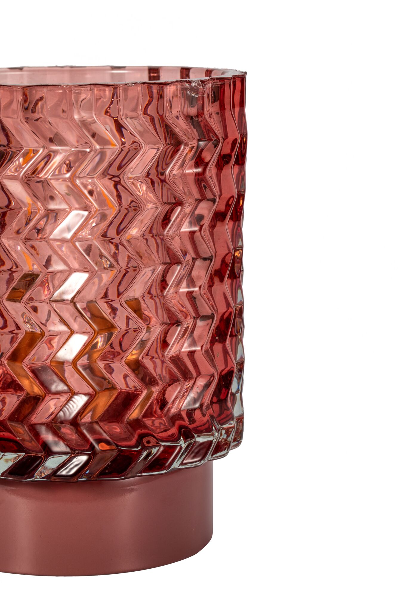 Rode glazen windlicht met zigzagpatroon en matte voet voor sfeerverlichting