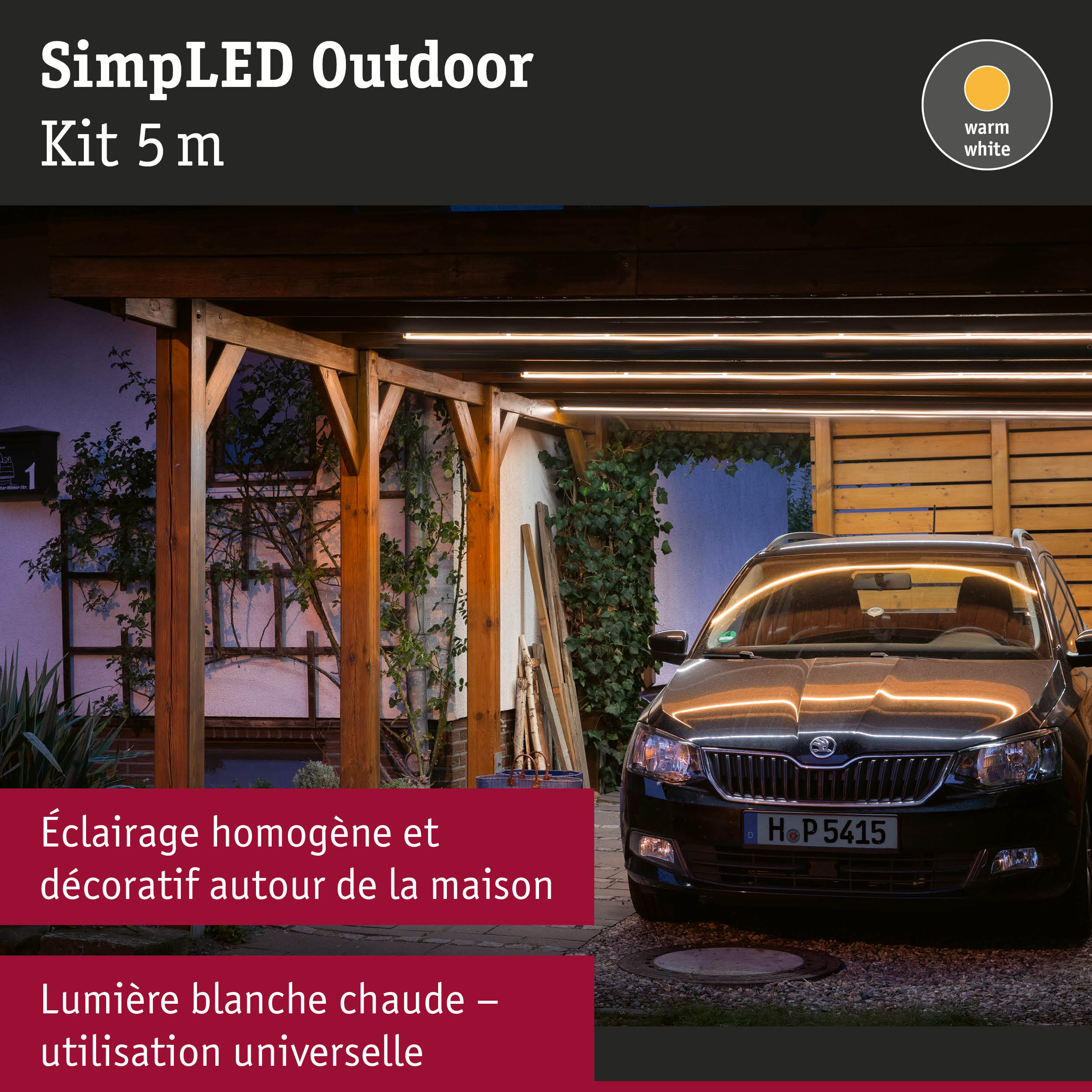 Kit LED extérieur 5 m avec lumière blanc chaud sous toit en bois d'un carport