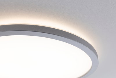 Round LED ceiling light with grey aluminum frame and warm white light for modern interiors