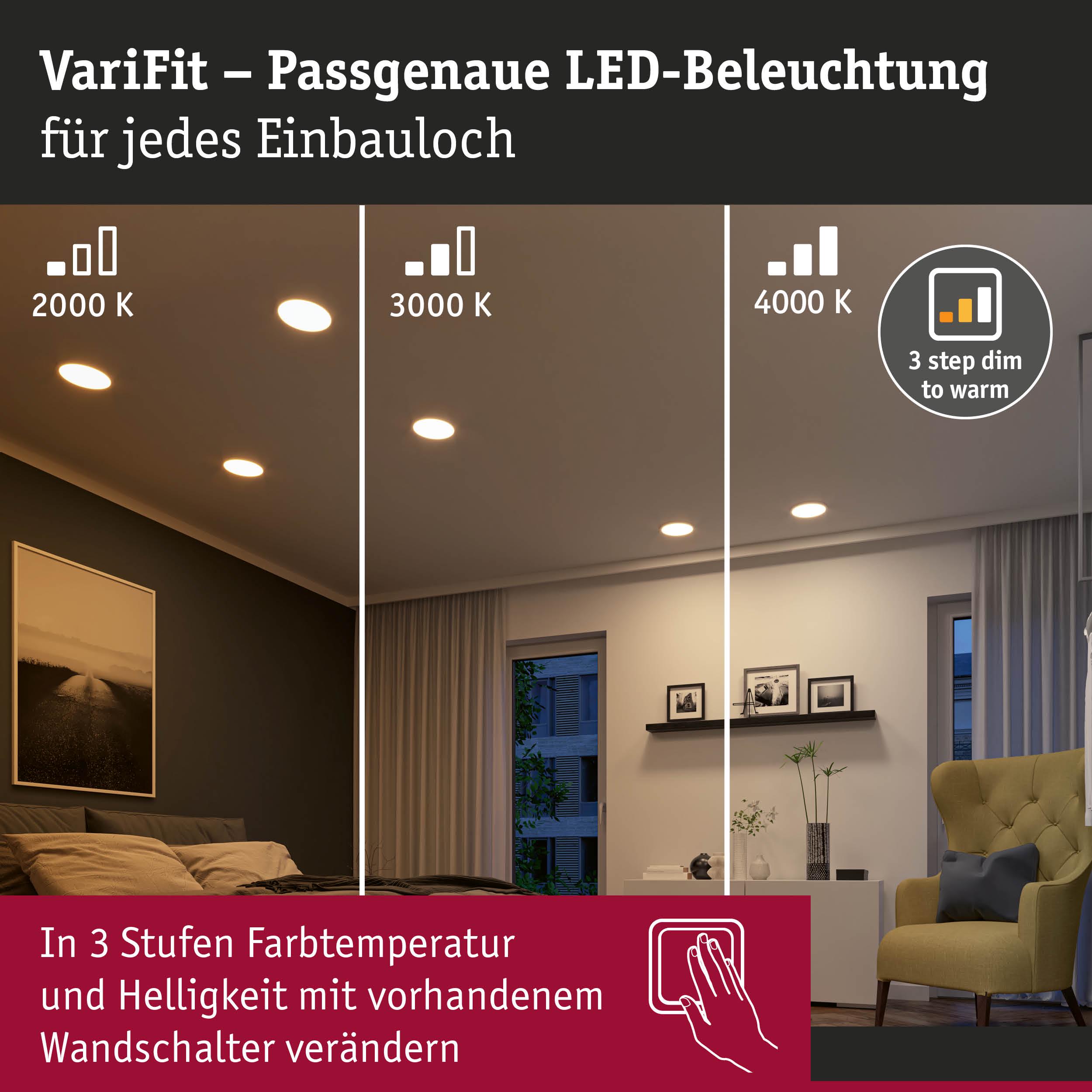 VariFit LED-Einbauleuchten mit einstellbarer Farbtemperatur von 2000K bis 4000K für Wohnräume.
