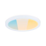 Round LED ceiling light with white frame and adjustable color temperature in blue and warm white