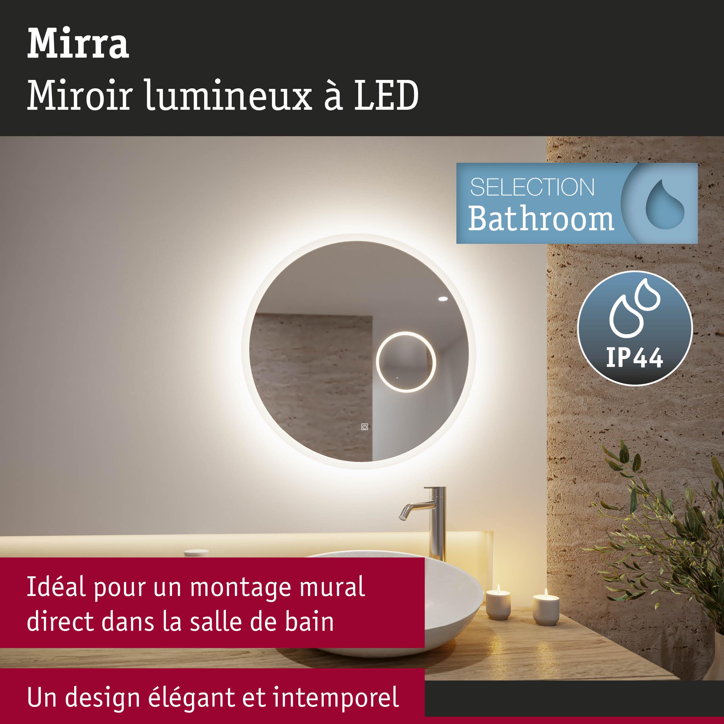 Miroir lumineux LED Mirra rond avec lumière blanche chaude, montage mural idéal pour salle de bain