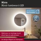 Miroir lumineux LED Mirra rond avec lumière blanche chaude, montage mural idéal pour salle de bain