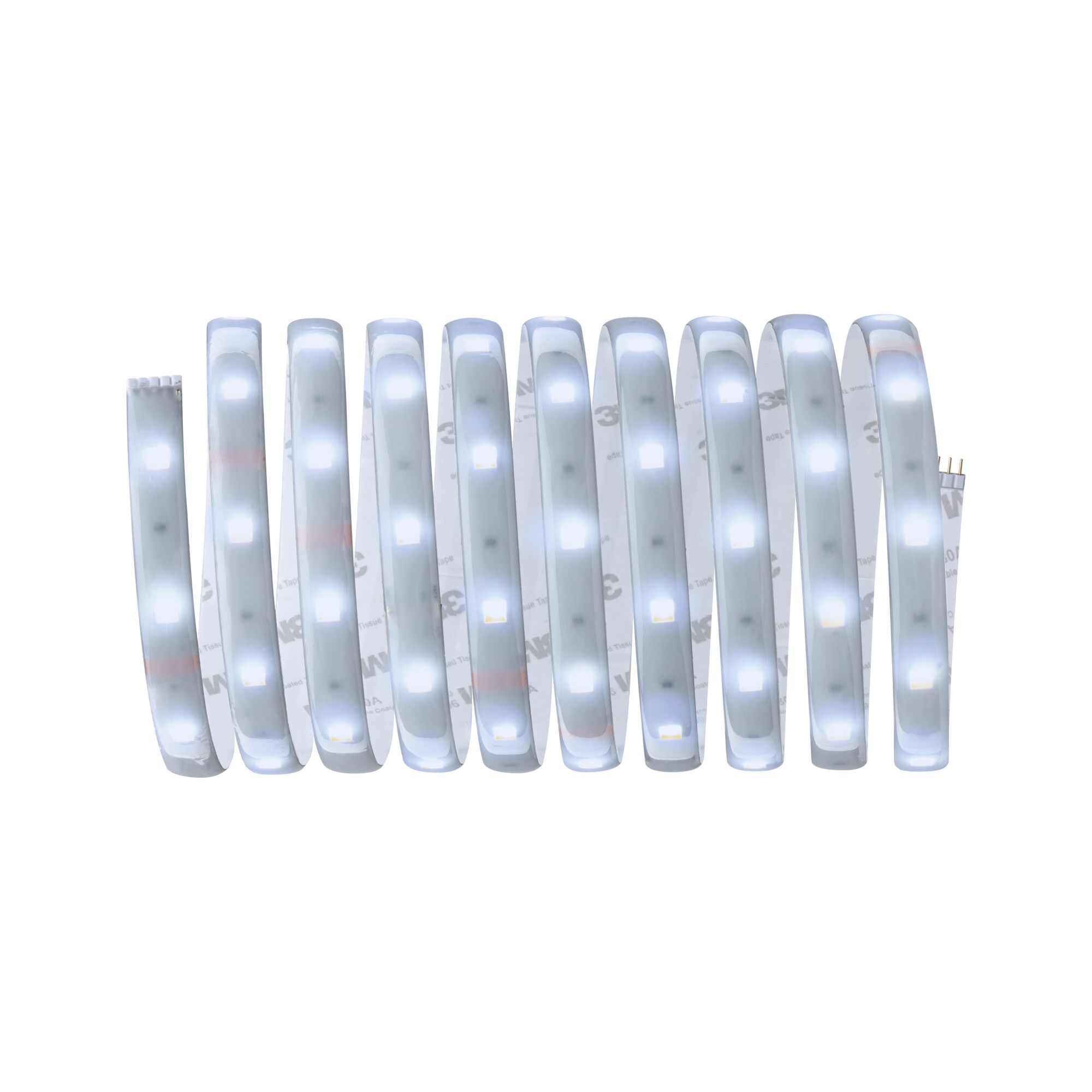 Flexible LED strip light with white LEDs and adhesive backing for versatile lighting applications