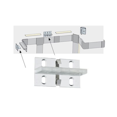 Transparent plastic bracket with metal clips for mounting LED strips in corners.