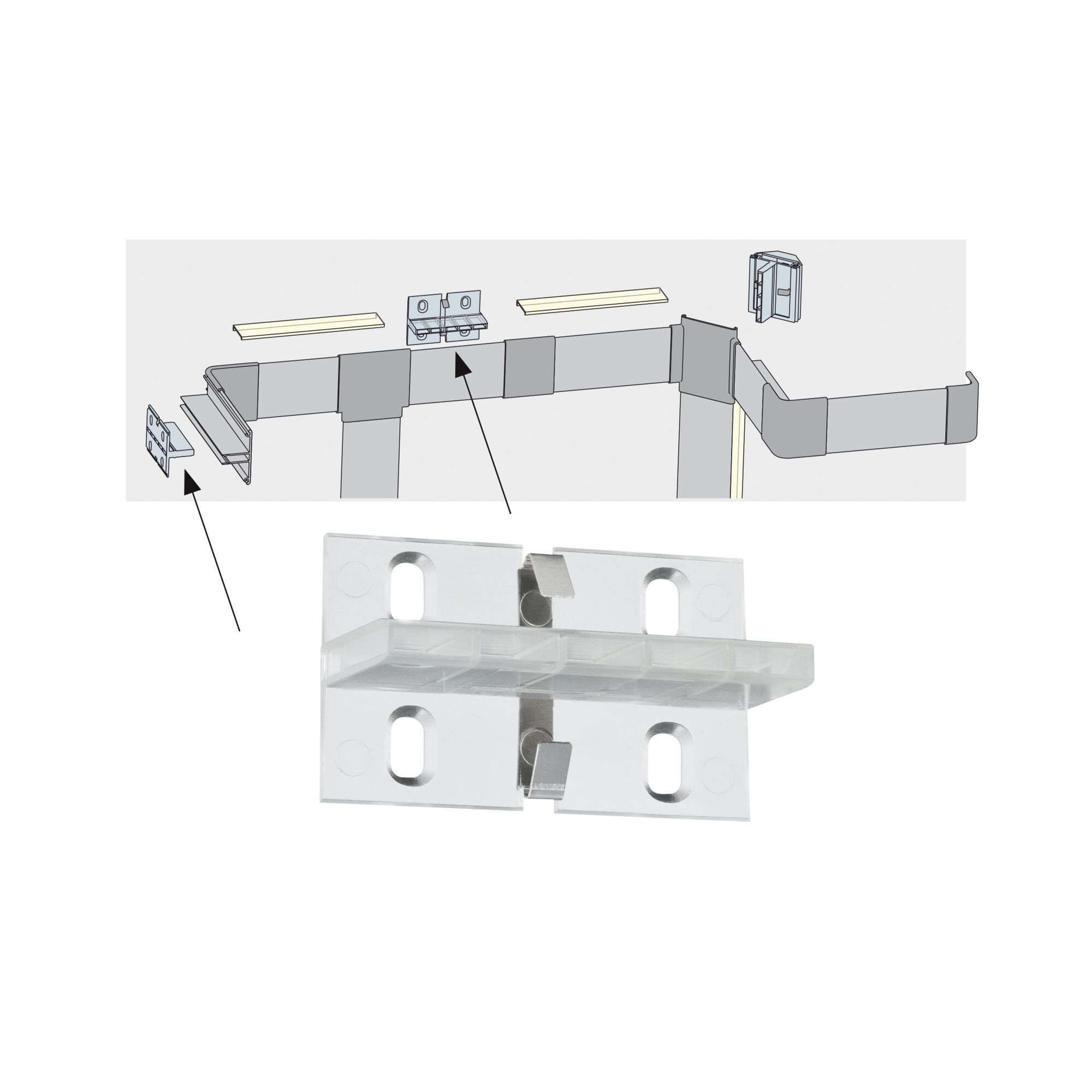 Transparante kunststof beugel met metalen klemmen voor montage van LED-strips in hoeken.