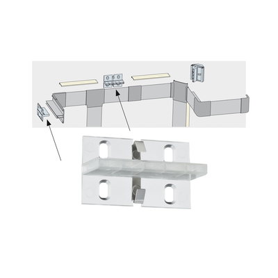 Transparent plastic bracket with metal clips for mounting LED strips in corners.